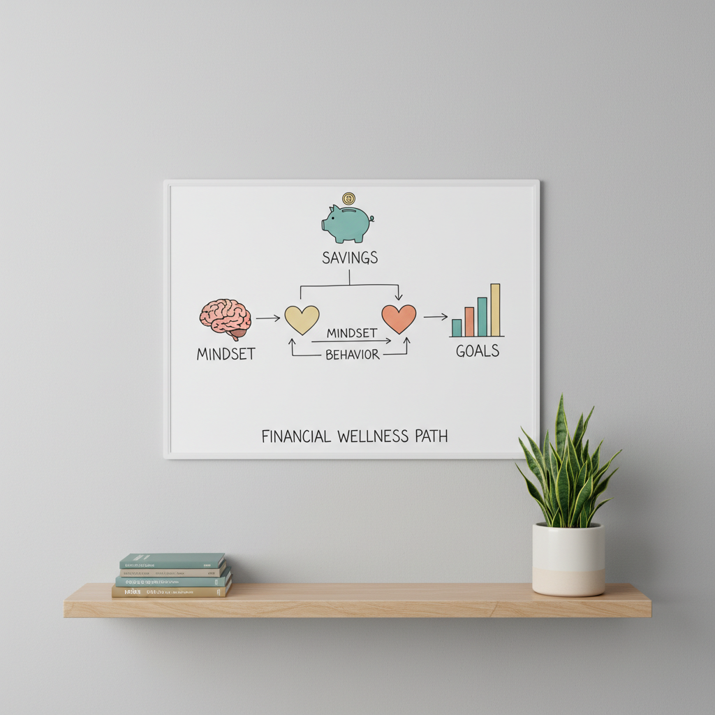 A minimalist whiteboard mounted on a light gray wall, filled with a structured flowchart drawn in fine black marker that connects icons of a piggy bank, a brain, a heart, and a bar chart. Each symbol is carefully sketched with clean lines and soft pastel accents in teal, soft yellow, and muted coral. Below the whiteboard sits a simple birch-wood shelf holding a small stack of finance textbooks and a single ceramic planter with a thriving green plant. Diffused overcast daylight illuminates the scene evenly, creating a calm, studio-like feel. Captured straight-on with sharp focus throughout, the composition is balanced and uncluttered, conveying clarity, reflection, and the thoughtful structure of financial therapy within a realistic, contemporary photographic style.
