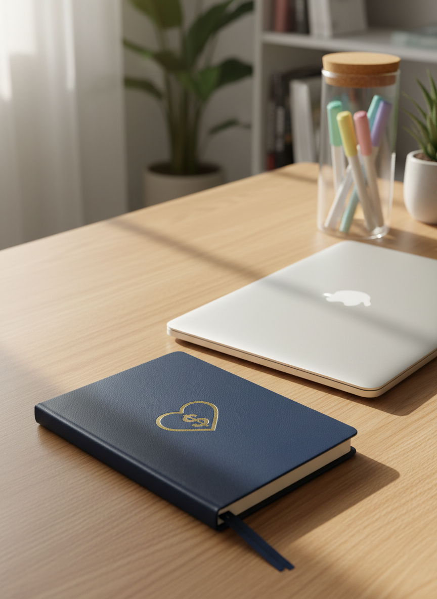 A neatly arranged desktop featuring a closed, dark navy notebook embossed with a subtle gold dollar sign intertwined with a heart symbol, resting beside a sleek silver laptop. The desk surface is a light oak wood with a smooth, matte finish, and a clear glass jar holds a few color-coded pastel highlighters and pens. Soft morning daylight filters through an unseen window, casting gentle, directional light that creates delicate shadows and warm reflections on the laptop edge. Photographed at an eye-level angle with a slight diagonal composition, the background gently blurs, suggesting a calm study space. The mood is organized, thoughtful, and professional, emphasizing the blend of finance and emotional wellbeing in a clean, photographic realism style.